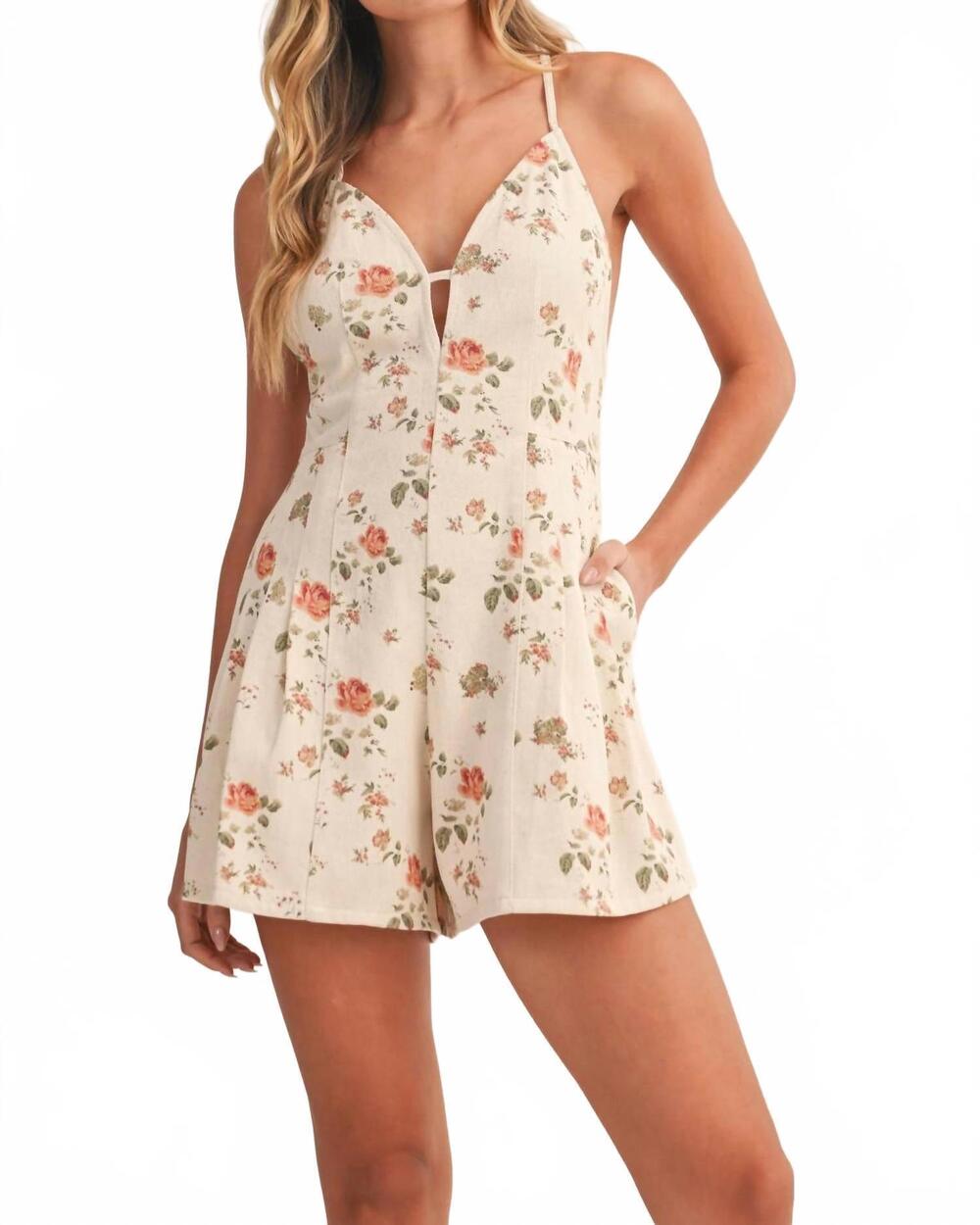 NEW KLESIS printed criss cross back tie twill romper in floral